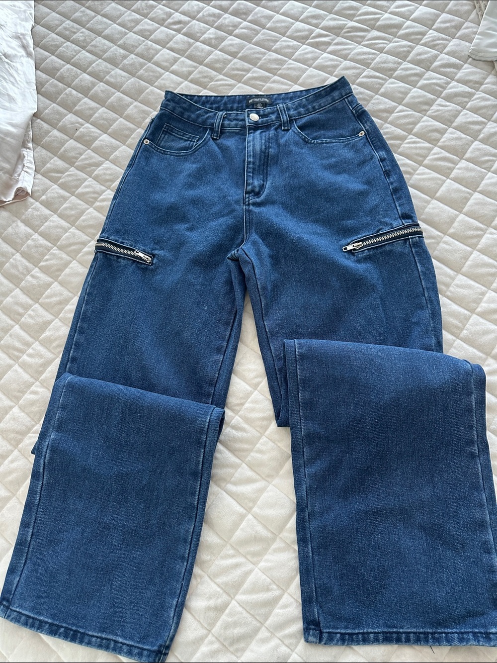 PrettyLittleThing Dark Blue Wide-Leg Zip-Detail Jeans